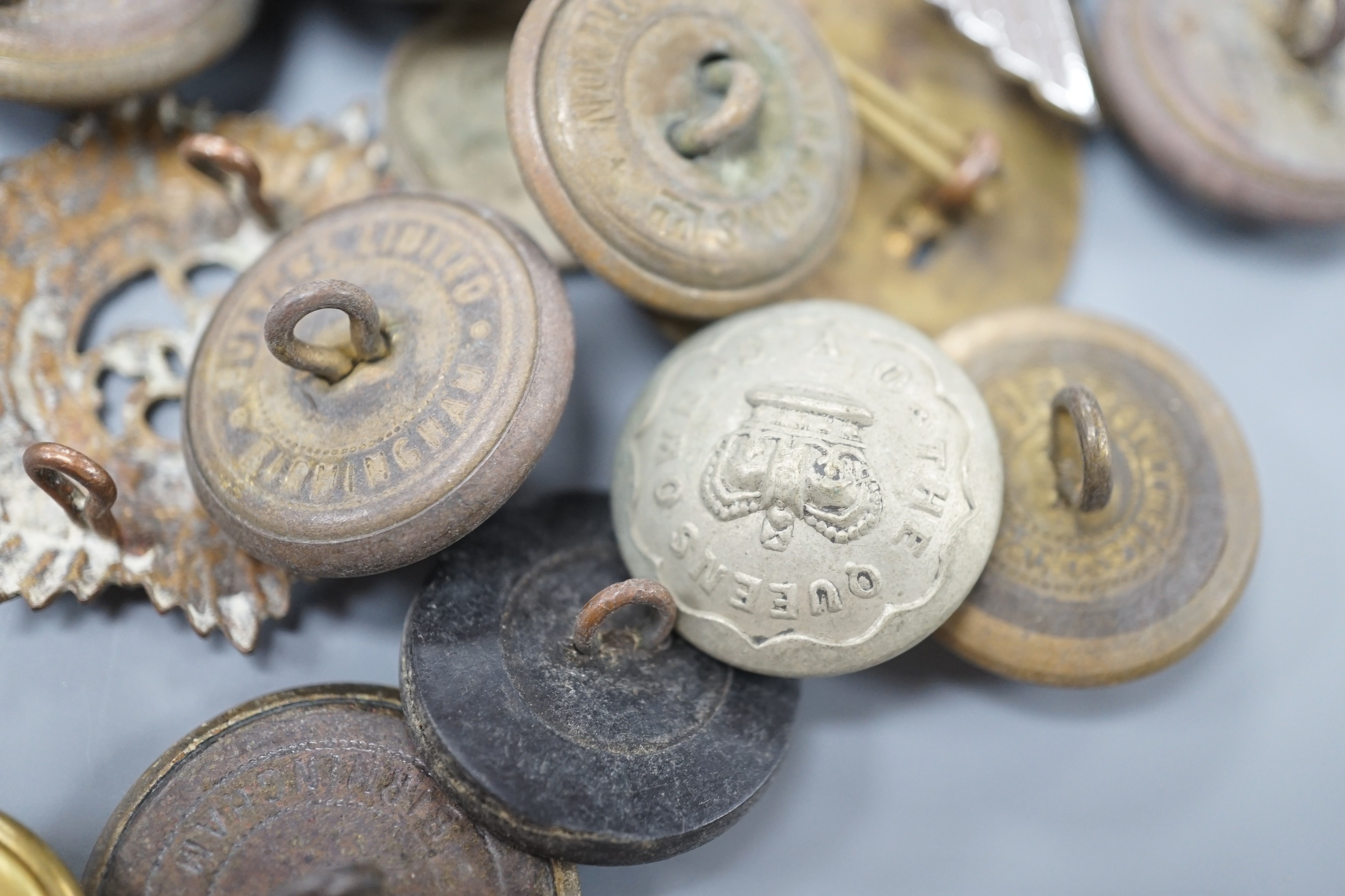 Military buttons and badges and miscellaneous medals